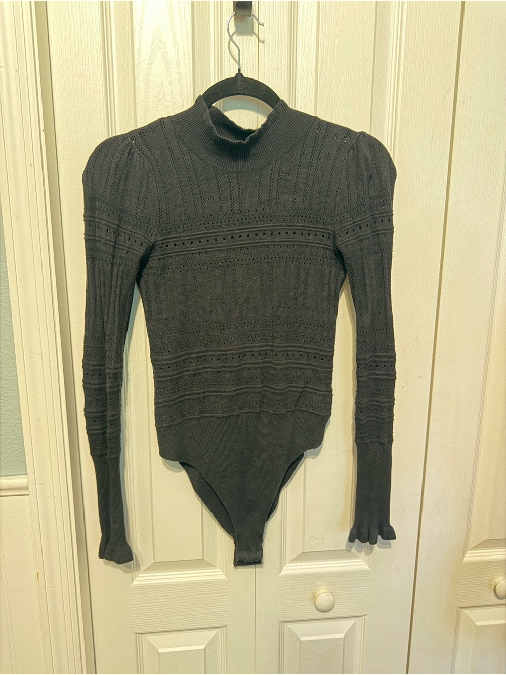 Free People Black Knit Turtleneck Bodysuit with Puff Shoulders
